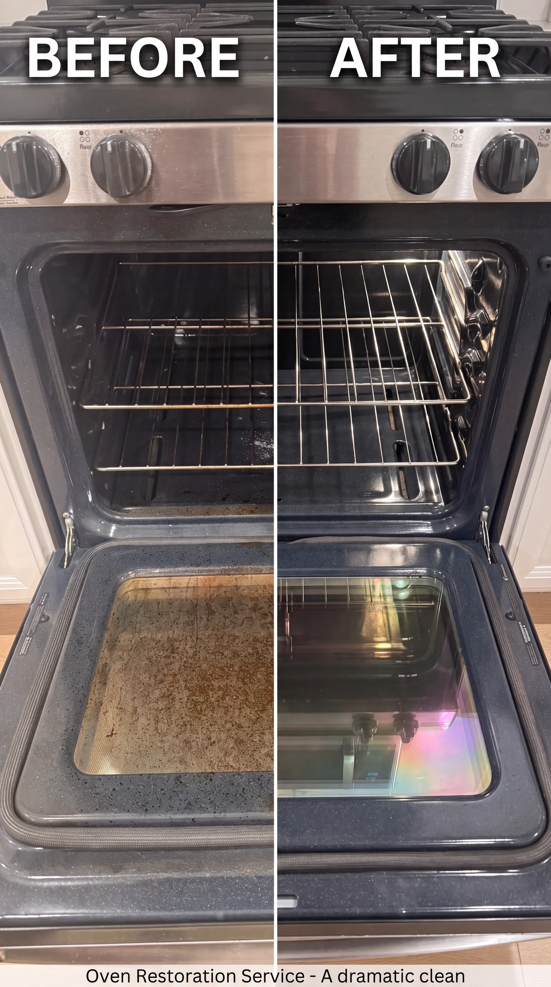 Before and after photo of an oven restored by Blue Heron Cleaning, showing baked-on grime removed to a spotless, mirror-clean finish
