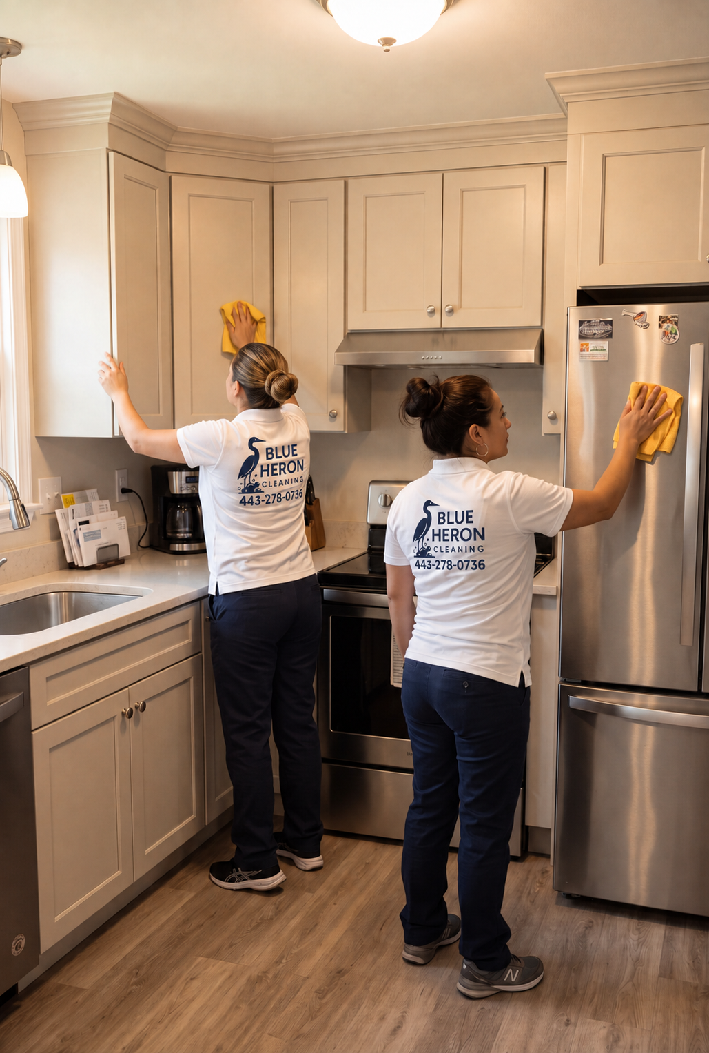 Two Blue Heron Cleaning team members in branded uniforms cleaning kitchen cabinets and a stainless steel refrigerator