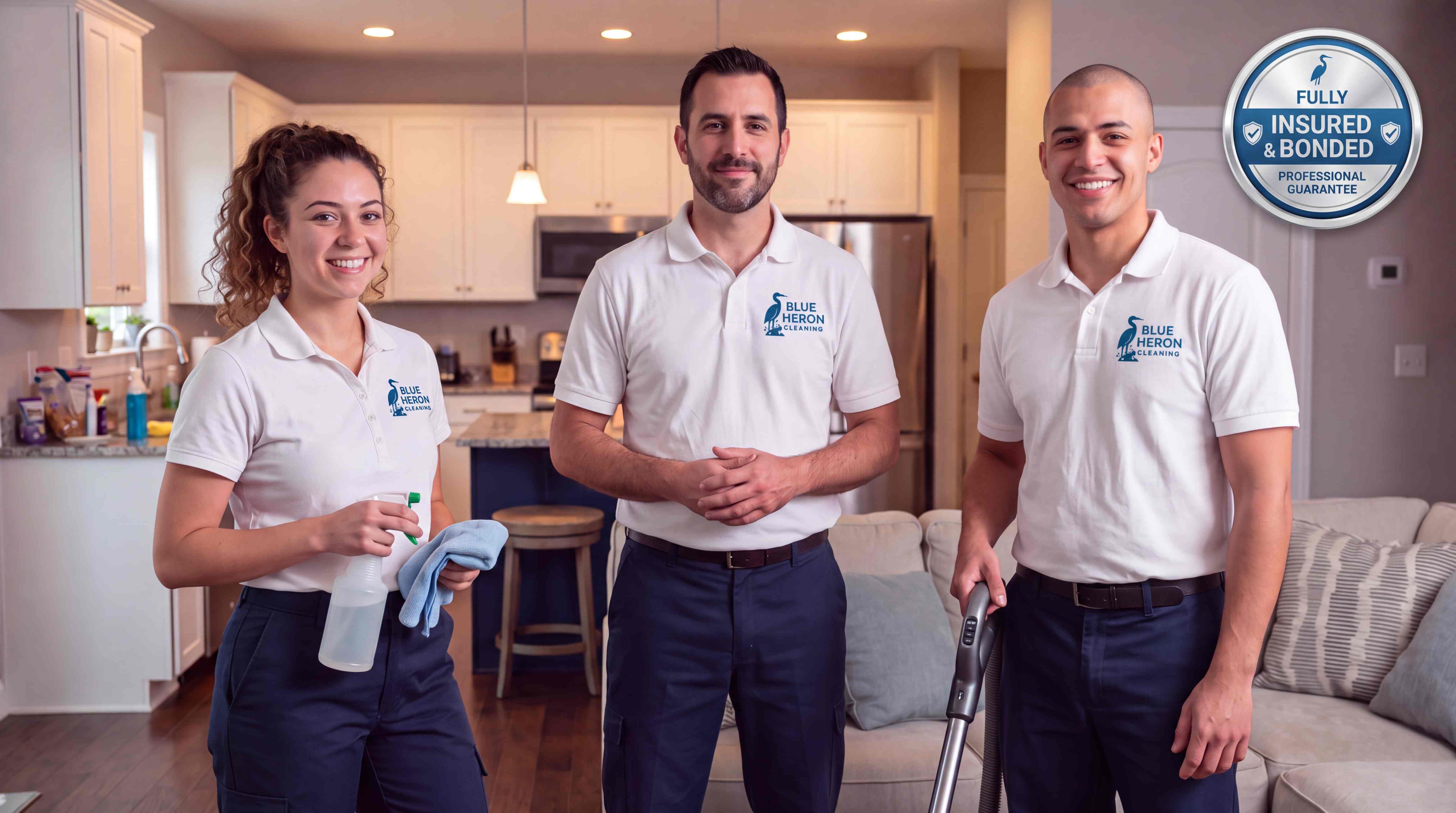 The Blue Heron Cleaning team standing together in a client's kitchen, fully insured and bonded